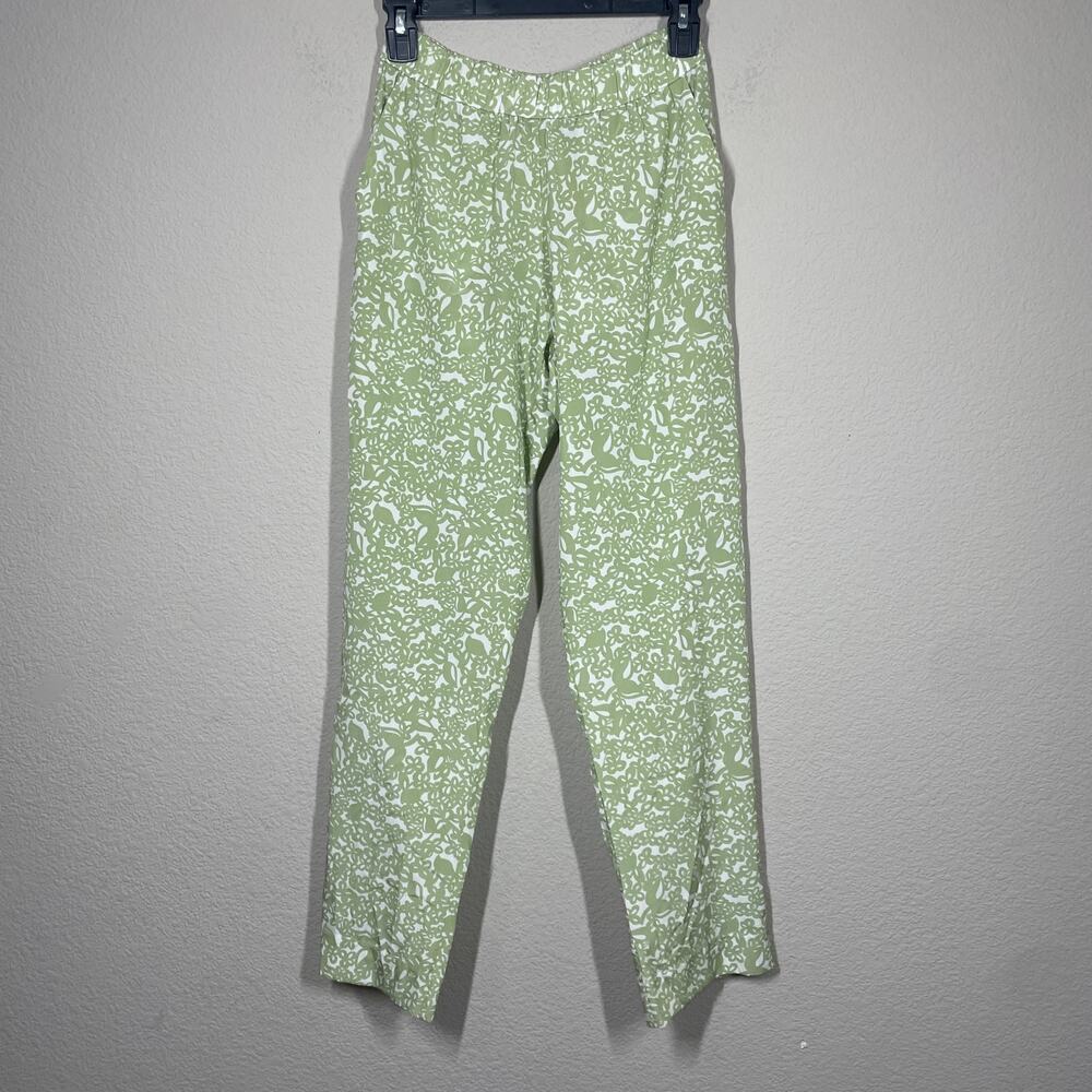 Whyci YC Milano 42 Elastic Waist Pants Green Silk Blend Abstract Floral Pull On